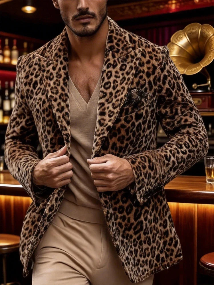 Men’s Leopard Print Velvet Blazer Peak Lapel Slim Fit Sport Coat Luxury Vintage Style Jacket for Party Night Out Male Outerwear