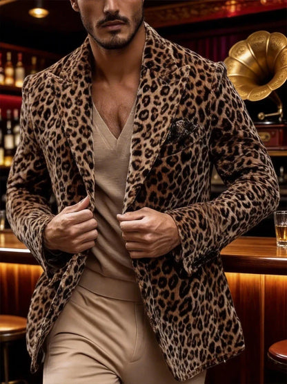Men’s Leopard Print Velvet Blazer Peak Lapel Slim Fit Sport Coat Luxury Vintage Style Jacket for Party Night Out Male Outerwear