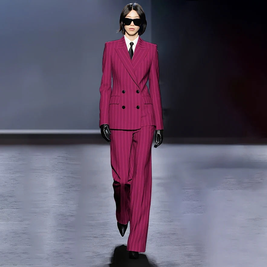 Dark Blue Stripes Women Suit Customized Double-breasted Peak Lapel Two Pieces(Jacket+Pants) Business Office Lady Competent Set