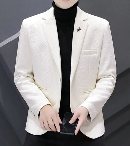Men's Autumn Winter Fleece-Lined Slim Fit Casual Blazer Korean Style Solid Color Thick Warm Youth Fashion Suit Jacket