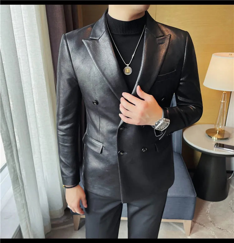 Brand Retro Leather Suit Jacket Men British Style Double Breasted Casual Business Blazers Wedding Groom Party Banquet Jackets