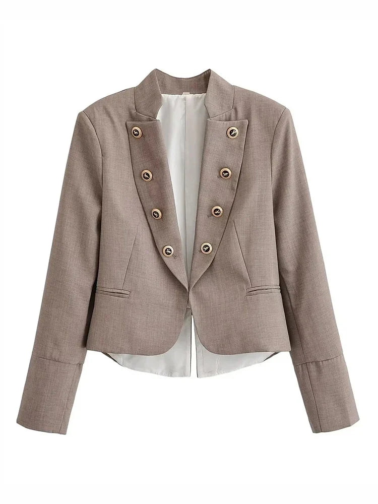 Elegant Women Cropped Blazer Jacket Double Breasted Button Slim Fit Short Suit Coat Office Lady Chic Tailored Blazer Top
