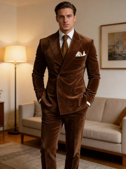 New Velvet Suit Set 2 Pieces For Men Chic Double Breasted Man Suits Business Office Wear Elegant Peak Lapel Party Tuxedo XS-6XL