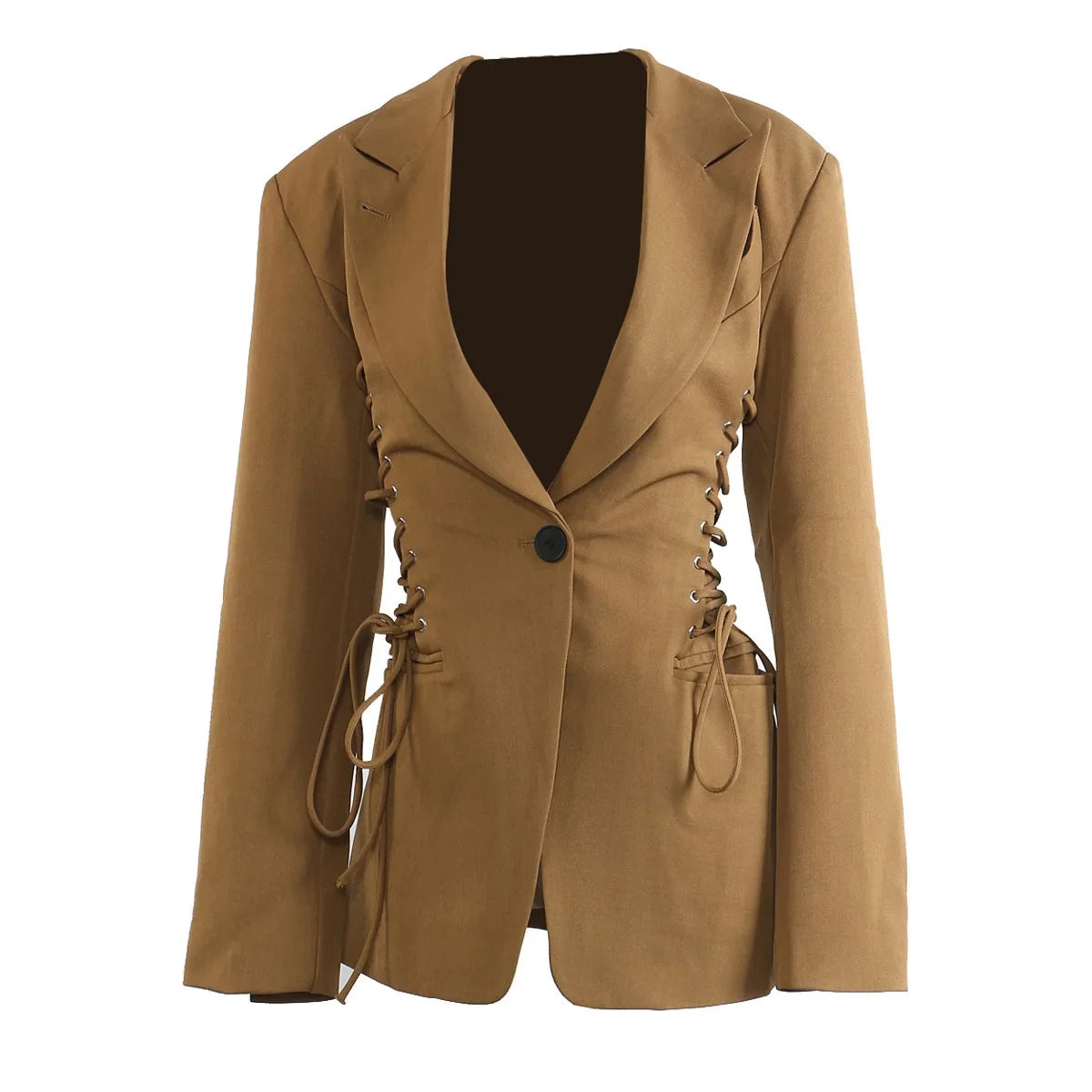 Spring Autumn New Women Blazer Notched Collar Single Button Lace-Up Waist Cinching Slim Fit Elegant Fashion Jackets HK13264