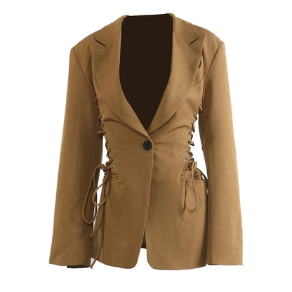 Spring Autumn New Women Blazer Notched Collar Single Button Lace-Up Waist Cinching Slim Fit Elegant Fashion Jackets HK13264