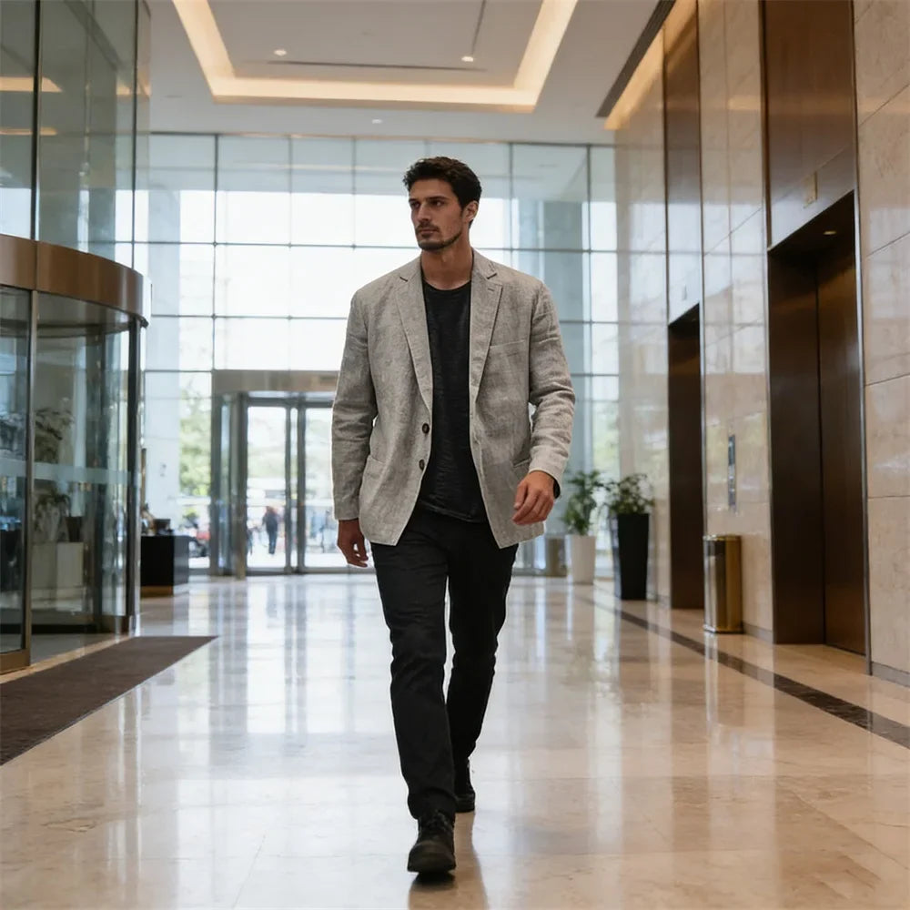 Men's Lightweight Linen Blazer Casual Slim Fit Notch Lapel Two Button Jacket for Summer Beach Wedding Business Daily Wear