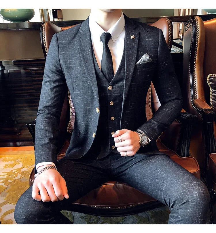Men's 3-Piece Striped Formal Suit – Blazer, Vest & Trousers | Italian Style Business Gentleman
