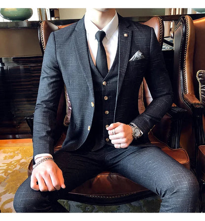 Men's 3-Piece Striped Formal Suit – Blazer, Vest & Trousers | Italian Style Business Gentleman