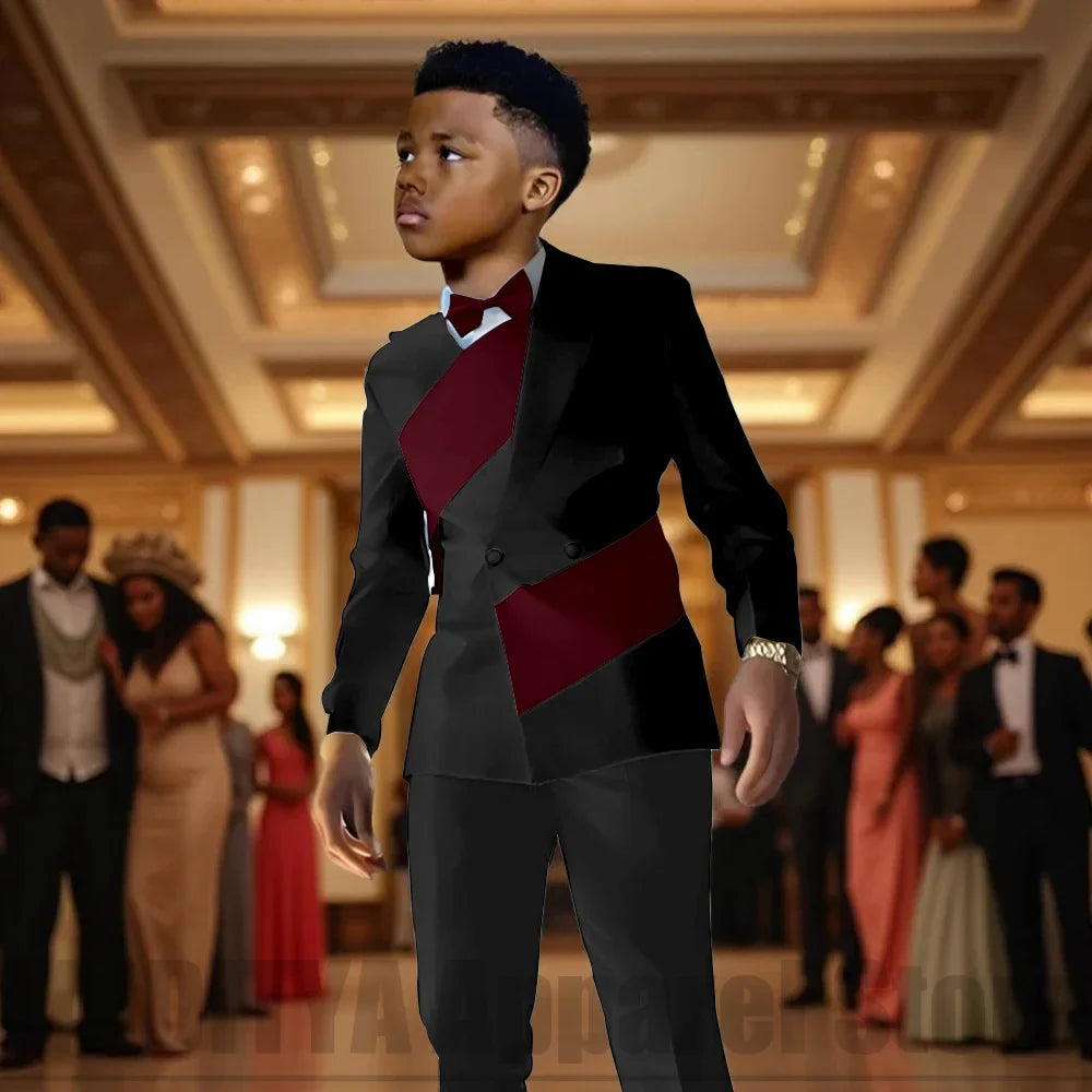 Fashion Contrast Color Children's Suit 2 Piece Double Breasted Outfit Formal Wedding Party Prom Boys Suits (Blazer+Pants)
