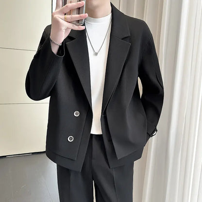 2025 Spring New Fake Two Piece Suit Collar Jacket Men Korean Trend Casual Business Blazers Loose Street Wear Social Jacket