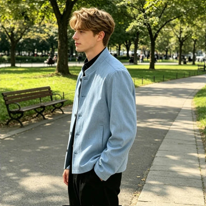 Men's Linen Blazer Stand Collar Slim Fit Suit Jacket Lightweight Breathable Soft Business Casual Daily Sport Coat for Spring