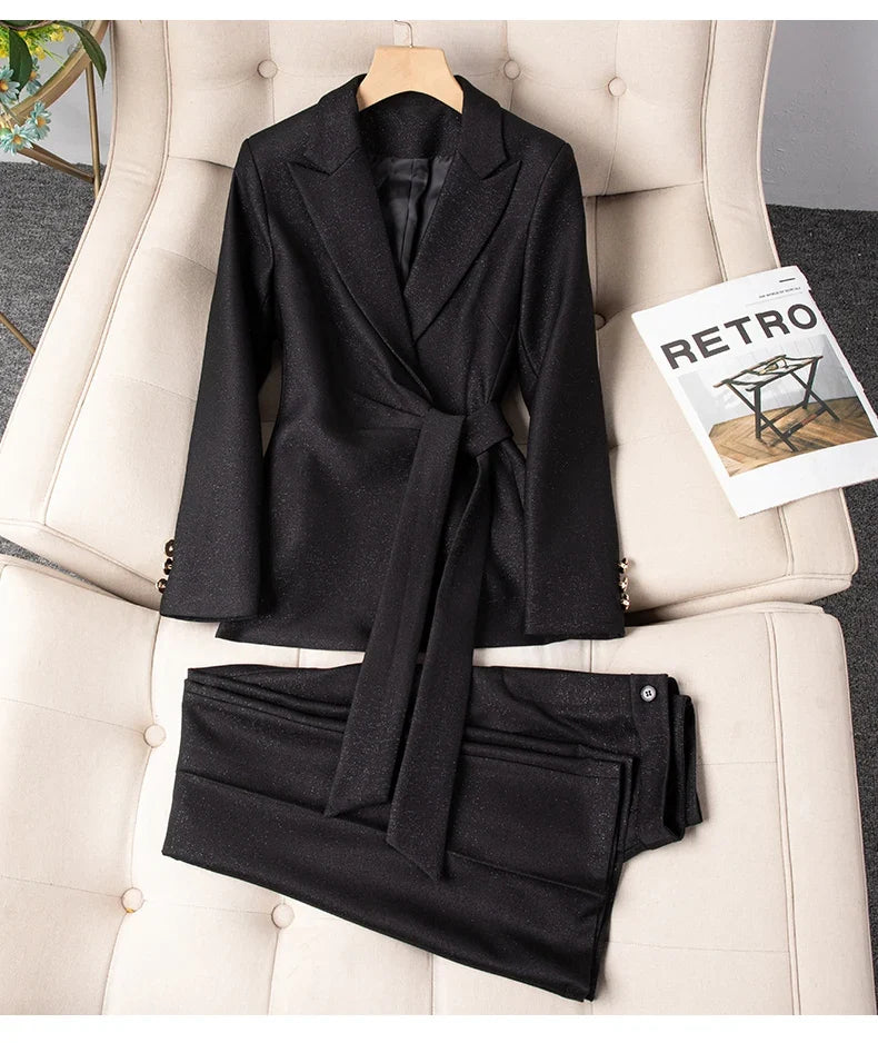 Autumn Winter New Women's Blazer Suit Trousers Two Piece Outfit 2025 New Fashion Lace Up Jacket and Pant Sets Office Wear