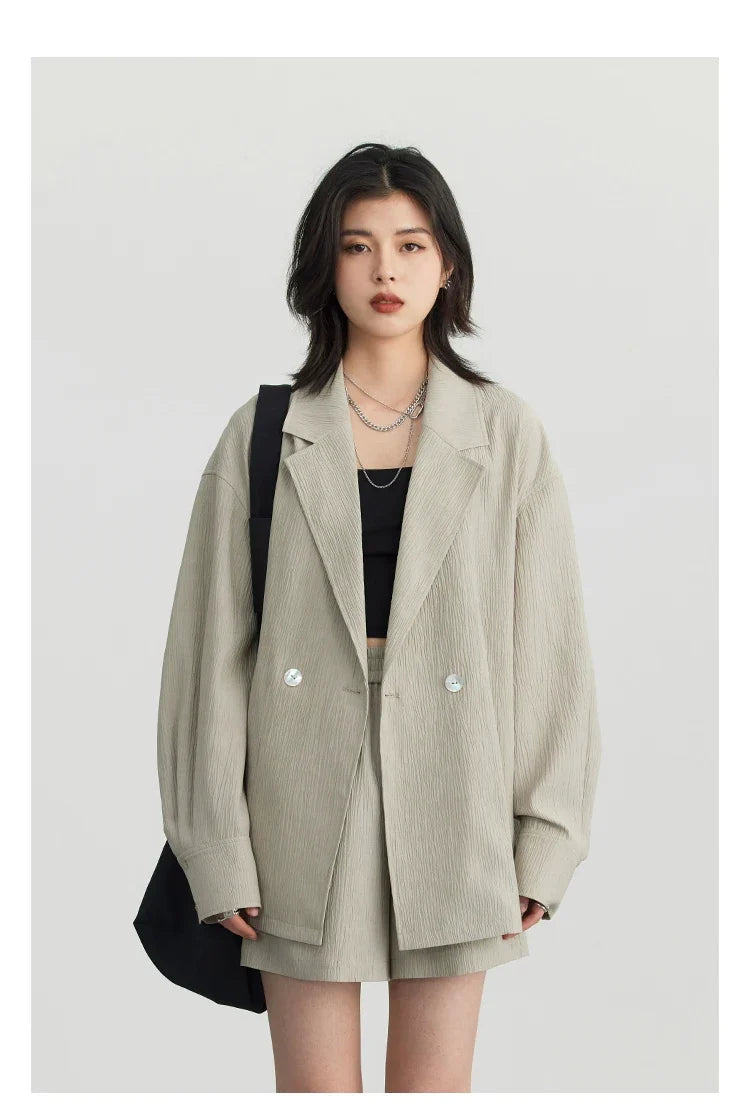 Women's Blazer Solid Casual Long Sleeve Jacket Texture Thin Suit Coat Shorts Office Lady Tops 2023 Summer New Fashion