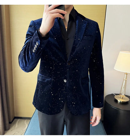 2025 Autumn New Velvet Jacket Men's Blazer Business Fashion Hot Stamping Printed Suit Jacket High-quality Luxury Dress Suit