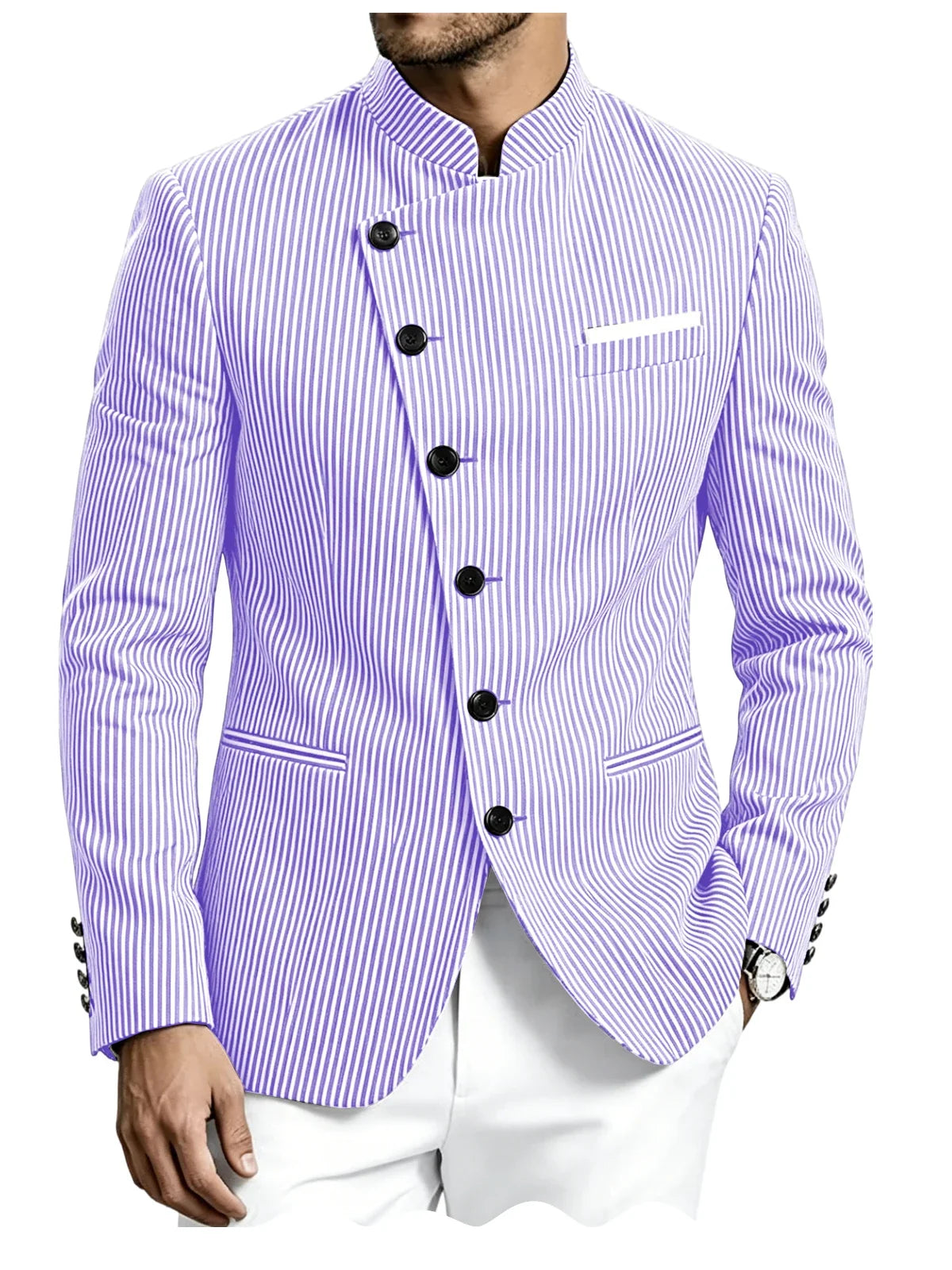 Men Mandarin Collar Suit Jacket Stand Collar Asymmetrical Single Breasted Men Blazer Slim Fit Business Formal Coat For Business