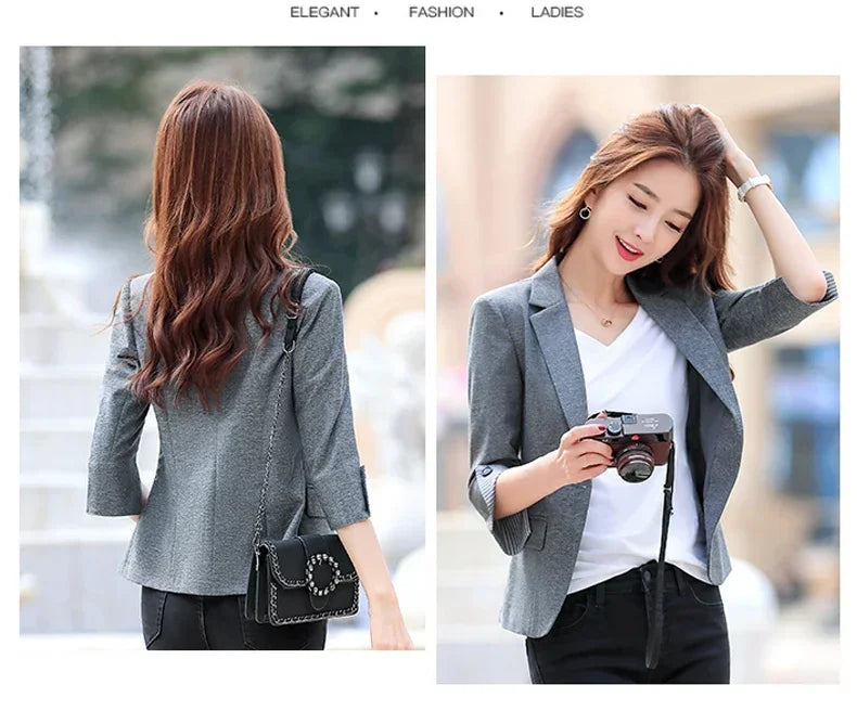 New Autumn Office Lady Solid Color Three Quarter Sleeve Blazer Women Casual One Button Formal Slim Fit Dress Suit Jacket Women