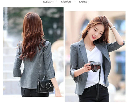 New Autumn Office Lady Solid Color Three Quarter Sleeve Blazer Women Casual One Button Formal Slim Fit Dress Suit Jacket Women
