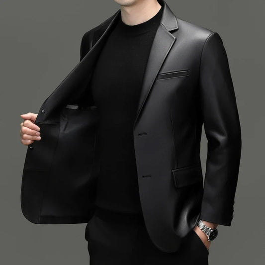 Men's Sheepskin Leather Blazer — Slim Fit Smart Casual Suit Jacket for Spring & Autumn