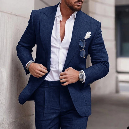 Men's 2-Piece Linen Suit – Slim Fit Notch Lapel Blazer & Trousers for Wedding, Business & Formal Occasions