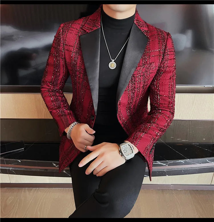British Style Woven Suit Jacket Men Fashion Plaid Casual Business Blazer Gentleman Versatile Banquet Party Groom Wedding Coats