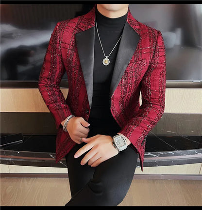 British Style Woven Suit Jacket Men Fashion Plaid Casual Business Blazer Gentleman Versatile Banquet Party Groom Wedding Coats