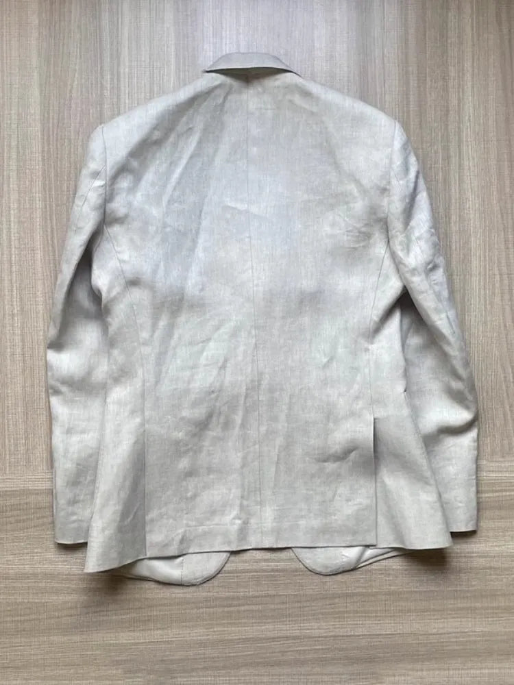 Men Thin Slim Fit Top Quality Beige White Linen Suits Matching Sets Spring Summer Comfortable Two Piece Set Casual Outfits 2025