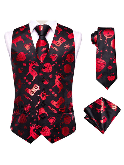 Men's Christmas Print Vest 3-Piece Set with Tie and Pocket Square for Holiday Parties