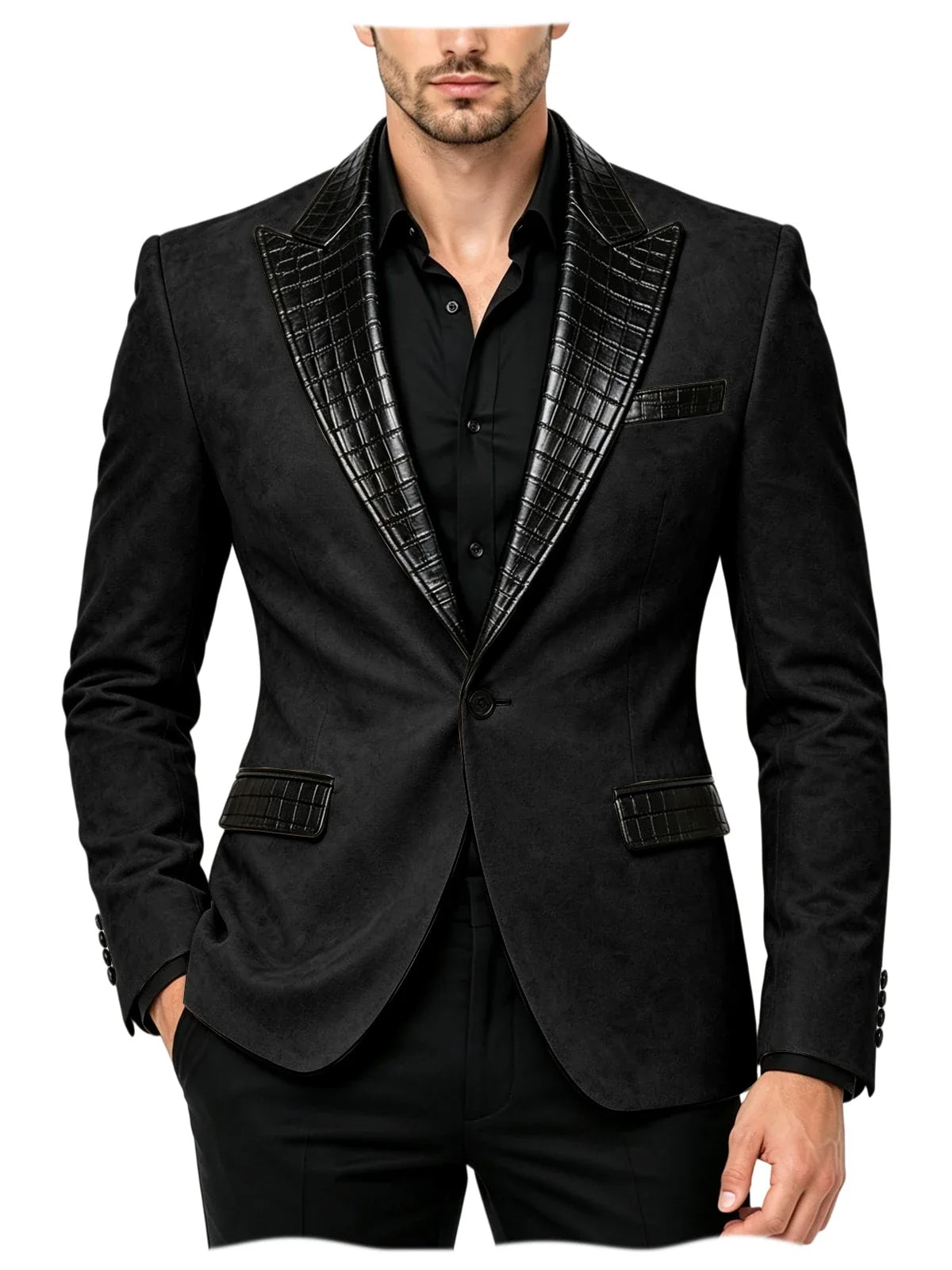 Men's Suede Slim Fit Blazer Jacket Crocodile Pattern Lapel Design Suit Coat Formal Business Prom Wedding Party Tuxedo Outerwear