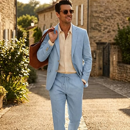 Men's Linen Suit 2 Piece Set for Summer Weddings and Business Casual Wear