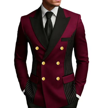 Men's Double Breasted Blazer Striped Patchwork Peak Lapel Slim Fit Formal Wedding Suit Jacket
