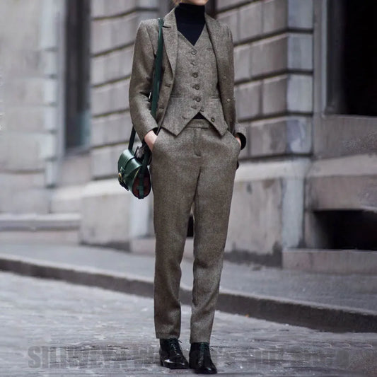 Chic Herringbone Women's Suit 3 Piece Single Breasted Tweed Slim Formal Outfit for Office Daily Casual Suits (Blazer+Vest+Pants)