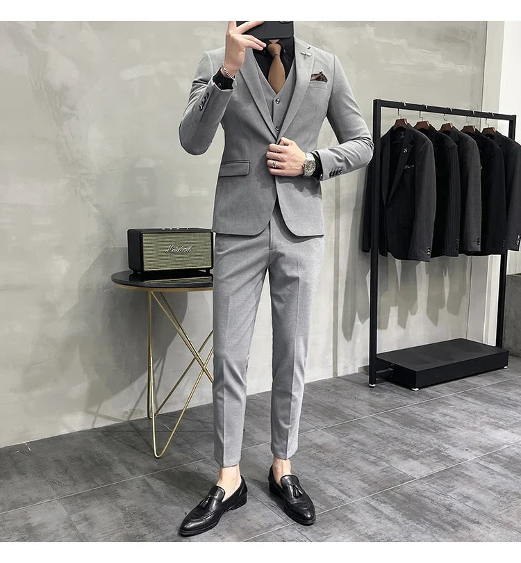 (Jacket +Vest+Pants) Plus Size 7XL-S Men Korean Slim Fit Groom Wedding Business Casual Tuxedo Mens Work Social Suit 3 Pieces