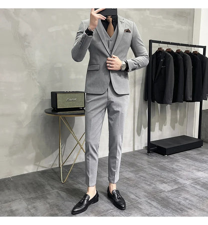 (Jacket +Vest+Pants) Plus Size 7XL-S Men Korean Slim Fit Groom Wedding Business Casual Tuxedo Mens Work Social Suit 3 Pieces