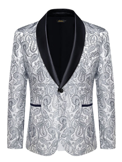 Men's Silver & Multi-Color Paisley Print Blazer with Black Satin Lapel for Wedding Formal Events