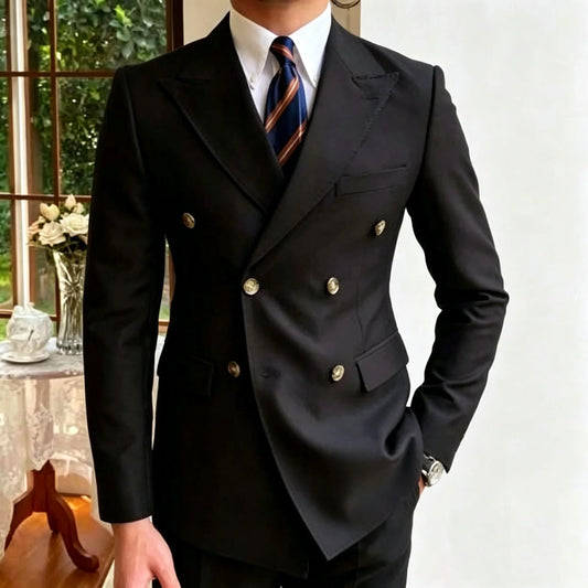 Black Men's Casual Blazer Wedding Suit Jacket Peak Lapel Double Breasted Tops Slim Fit Business Formal Dress Coat Outerwear