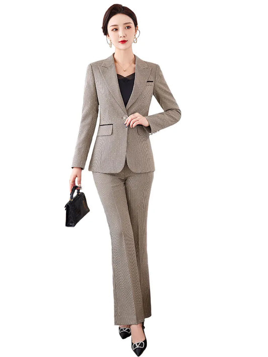 Plaid Women Suits Office Set Pocket Suit Collar Single Button Fashion Long Sleeve Blazer High Waisted Slim Pant Suits