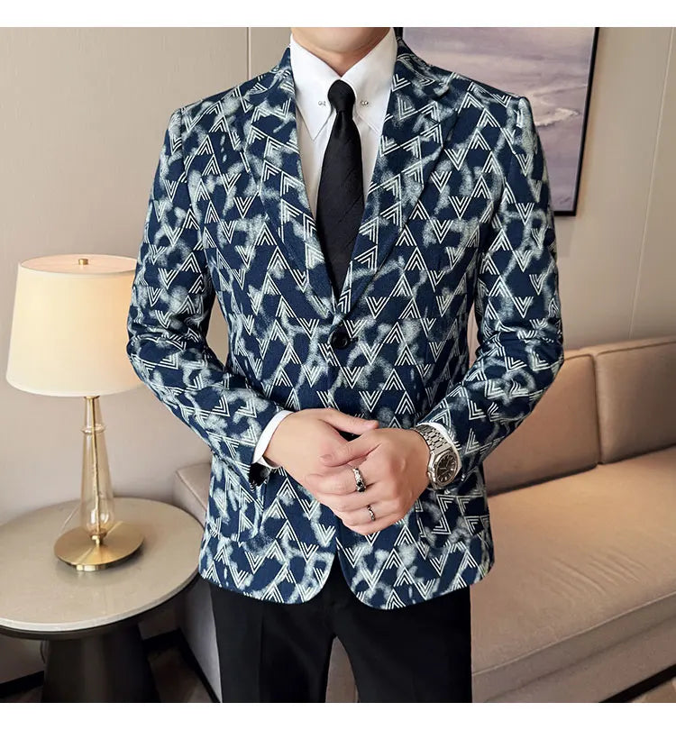 Jacquard Denim Korean Slim Fit Suit Coats 2025 New High Qualitys Fashion Men Slim Fit Business Formal Social Suit Jacket 4XL-M