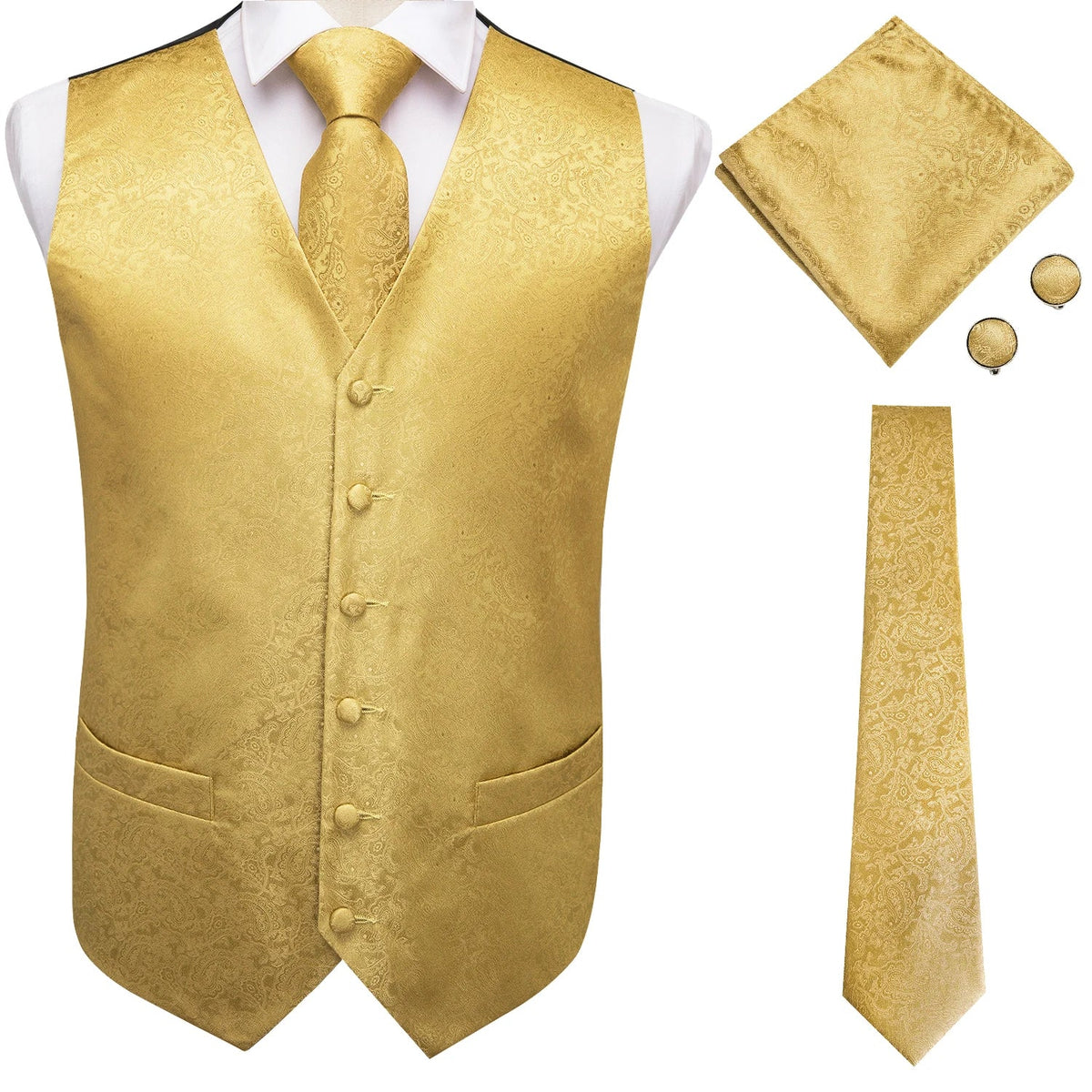 Men's Vest Paisley Jacquard Set with Necktie Pocket Square and Cufflinks for Weddings and Formal Events
