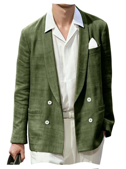 Summer Cotton Linen Blend Men Blazer Double Breasted Casual Suit Jacket Lightweight Soft Elegant Dress Coat For Prom Work Party