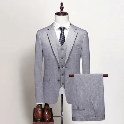 High-end Wedding Suit Autumn (Suit + Vest + Trousers) Men's Fashion All Match Handsome Trend Slim Dress Striped Three-piece Set