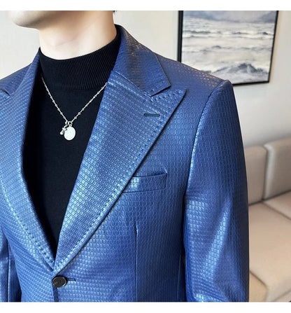 Korean Waffle Leather Suit Jacket Men's Business Casual PU Leather Blazer Slim Fit Wedding Groom Office Social Formal Coats 2026