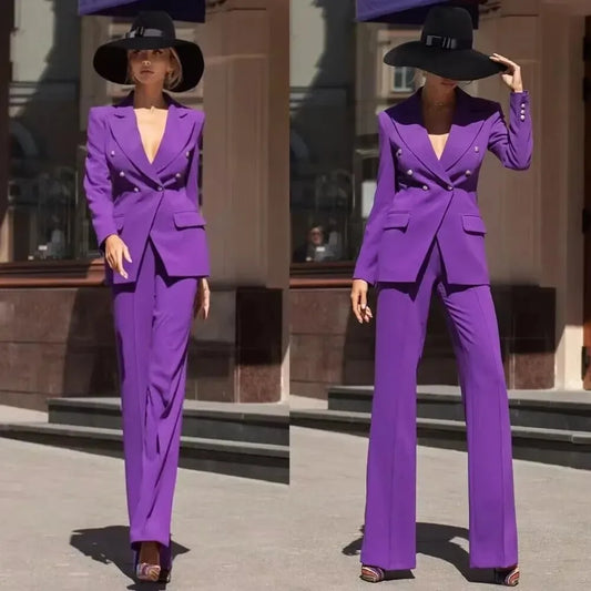 Purple Slim Fit Women's 2-Piece Suit Set with Peak Lapel Jacket Pant Suits Set Casual Office Business Tuxedo Female Pants Suits