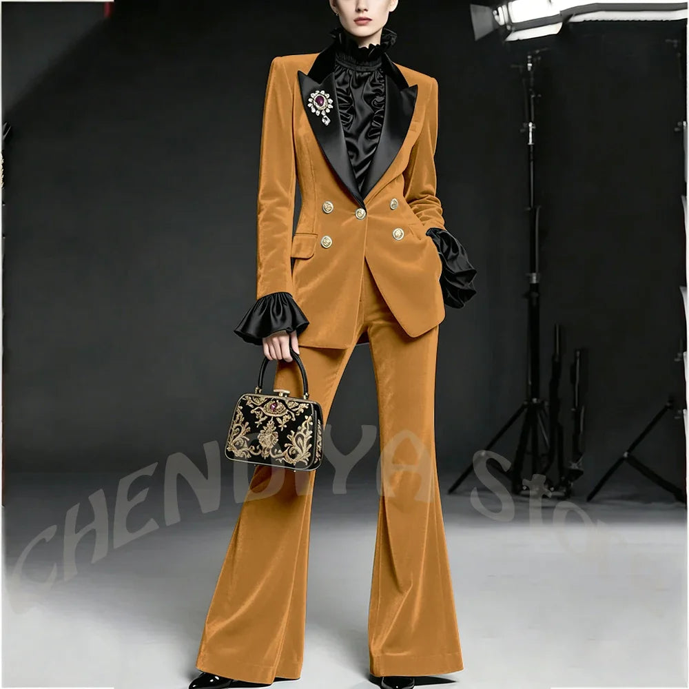 Wine Red Women Suit Stylish Velvet Elegant Outfit Peaked Lapel Blazer Pants Evening Party Prom Female Clothing Two Pieces