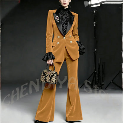 Wine Red Women Suit Stylish Velvet Elegant Outfit Peaked Lapel Blazer Pants Evening Party Prom Female Clothing Two Pieces
