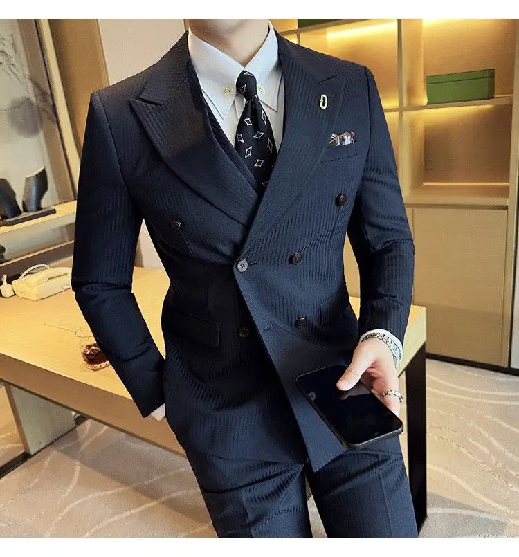 Korean Slim Fitt Wedding Suit Fashion Striped Double Breasted Suit 3 Piece Set Business Formal Casual Party Prom Host Suits