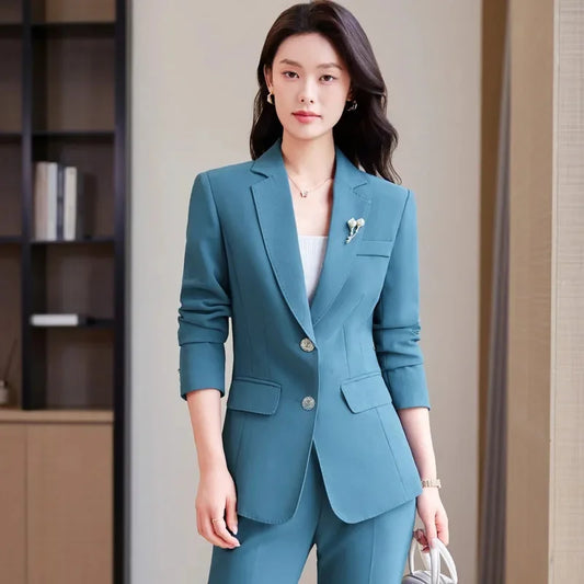 Ladies Blazer And Pant Suit Women Green Purple Blue Black Solid Formal Jacket Trouser Female Business Work Wear 2 Piece Set