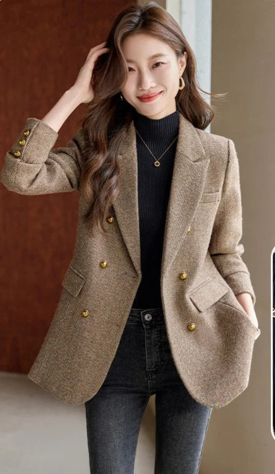 Fashion Grey Blazer Women Coffee Long Sleeve Casual Jacket for Autumn Winter Female Coats Double-Breasted Suit Women’s Clothing