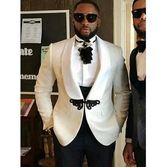 Men Suits for Wedding White Floral Jacket with Black Pants Vest Formal Business Prom Groom Tuxedo Male Fashion Costume 3 Pcs