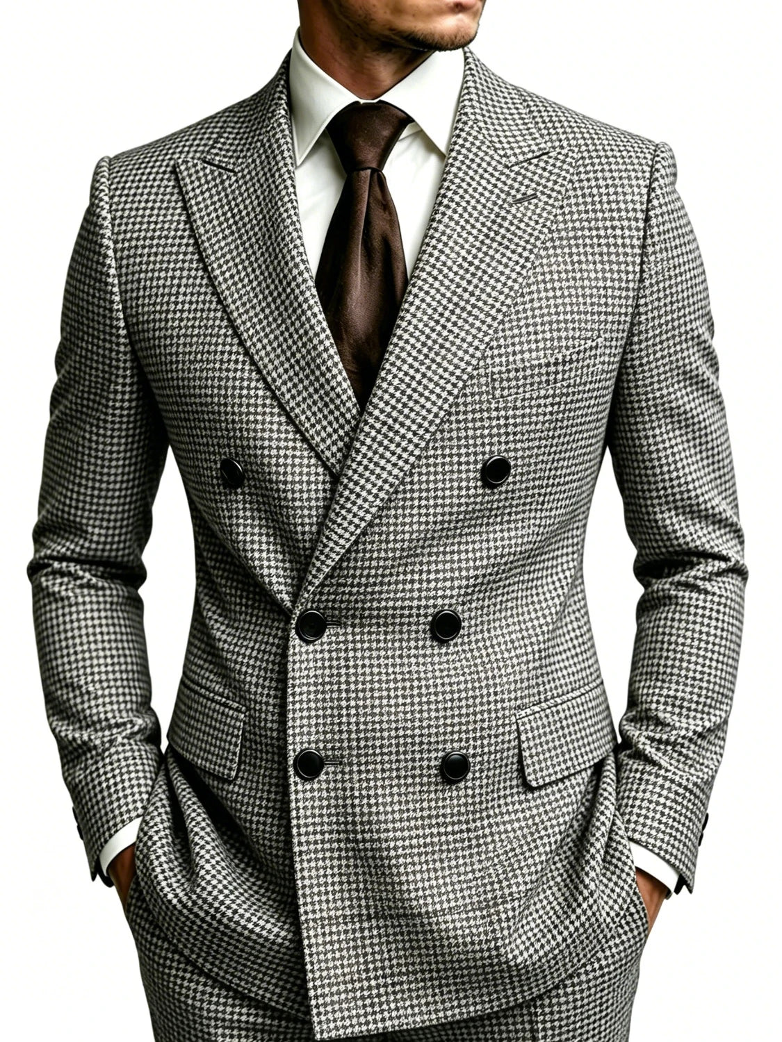 Men's Houndstooth Blazer Double Breasted Peak Lapel Slim Fit Business Wedding Jacket Fashion Formal Party Outerwear for Men