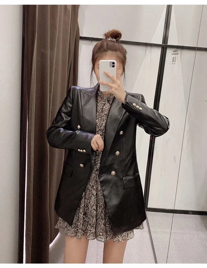 Women Fashion Notched Double Breasted PU Leather Blazers Coat Casual Straight Long Sleeve Back Vents Female Outerwear Chic Tops